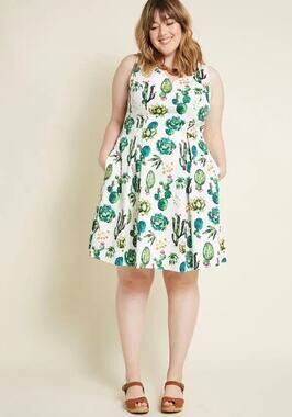 [Modcloth] Ixia Dashing Darling Succulent Cactus Retro A-Line Midi Dress Size 1X